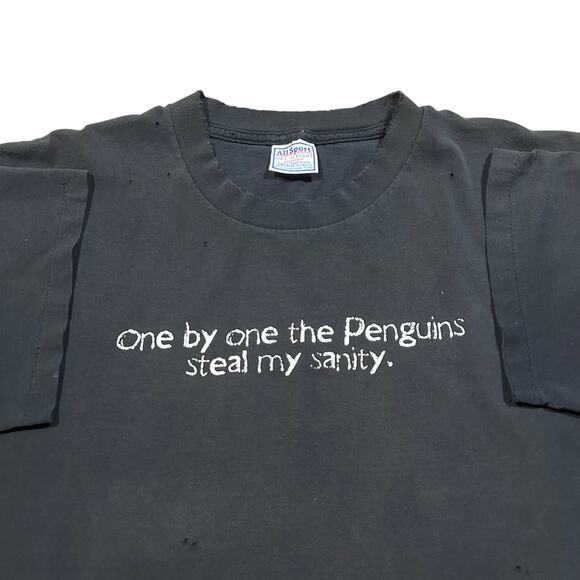 Vintage 90s One By One The Penguins Steal My Sanity Black Faded T-Shirt - Picture 1 of 5
